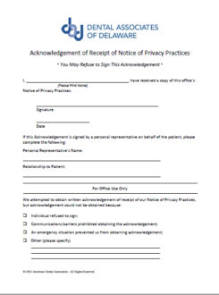 Dentalassociatesofdelaware Acknowledgement of Receipt of Notice of Privacy Practices pdf